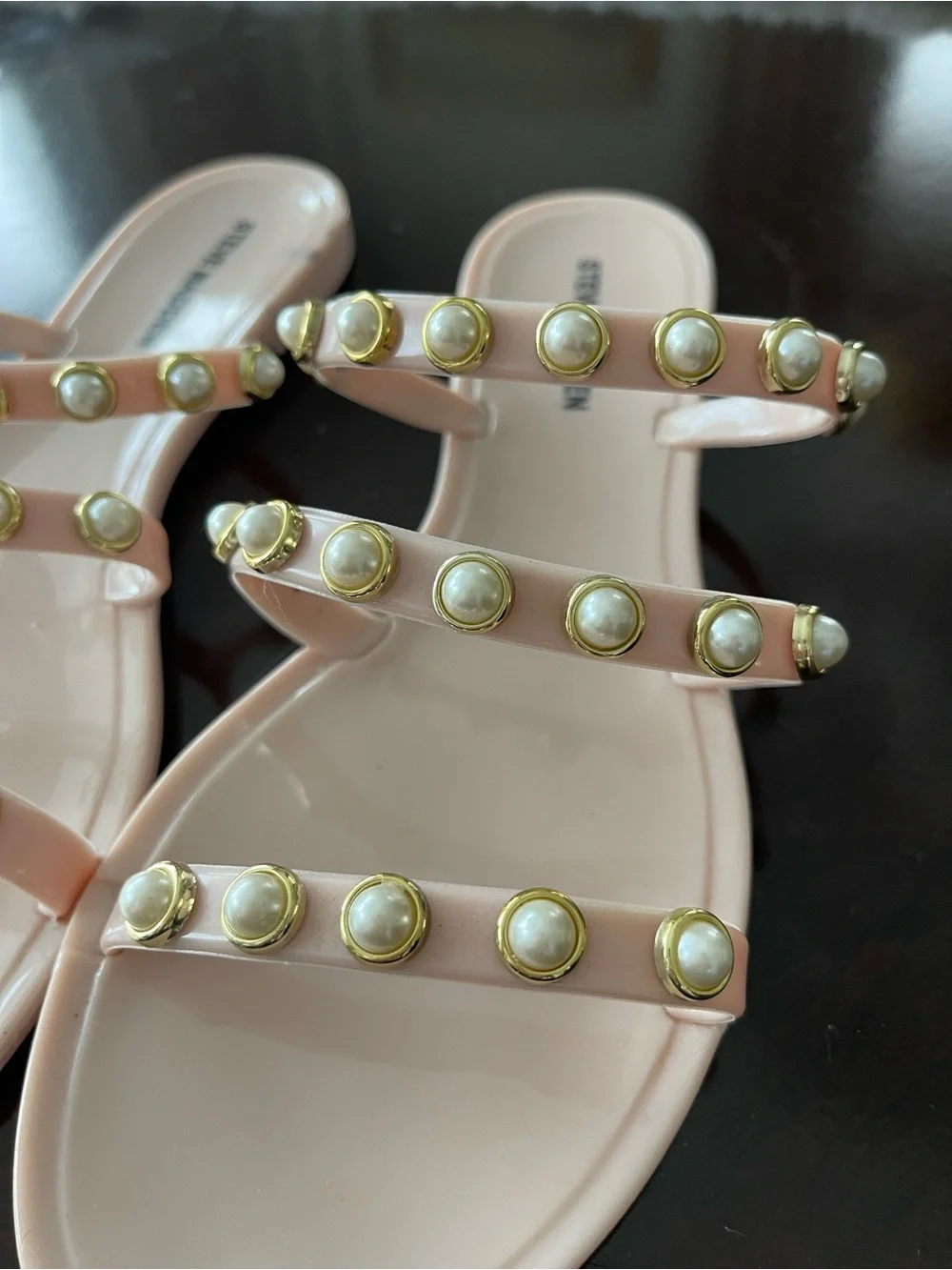 Steve Madden Pink Pearl-Studded Triple Strap Slide Sandals Size 7